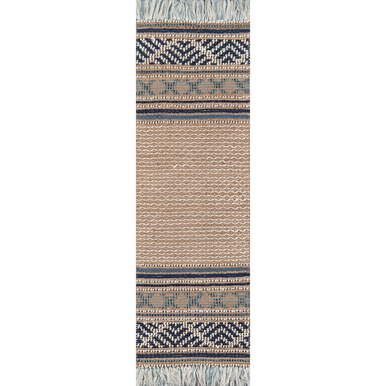 Alberta Beige Blue Hand-Woven Geometric Jute Rug, Runner 2'3" x 7'6"