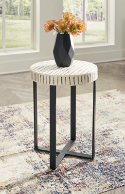 Transitional Round Black and Cream Wood Metal Accent Table