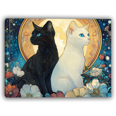 «Lunar Companions» - Toile tendue avec des chats noirs et blancs au clair de lune