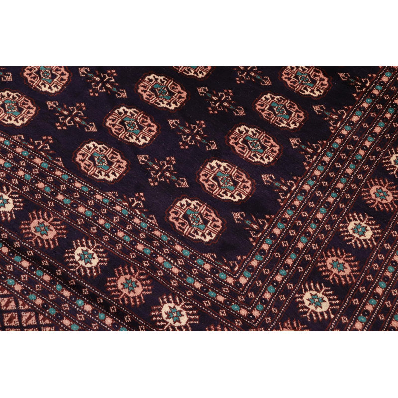 Tapis bleu marine / rouge / beige en laine noué à la main à motif géométrique 8 pi 4 po x 9 pi 11 po Abril
