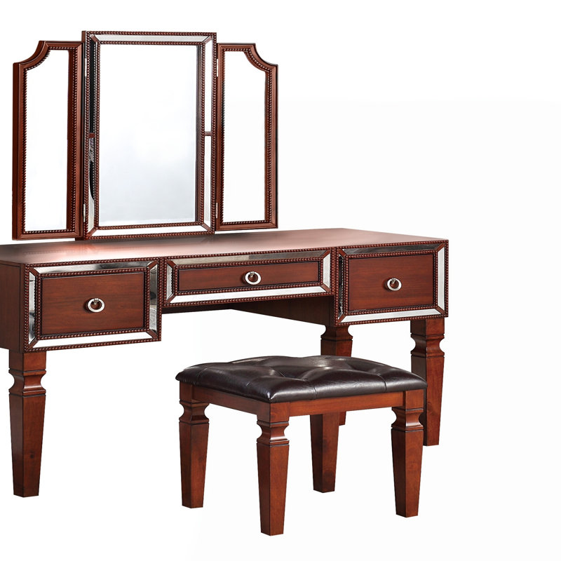 Luxurious Majestic Classic Cherry Color Vanity Set w Stool 3- Storage Drawers 1pc Bedroom Furniture Set Tri-Fold Mirror