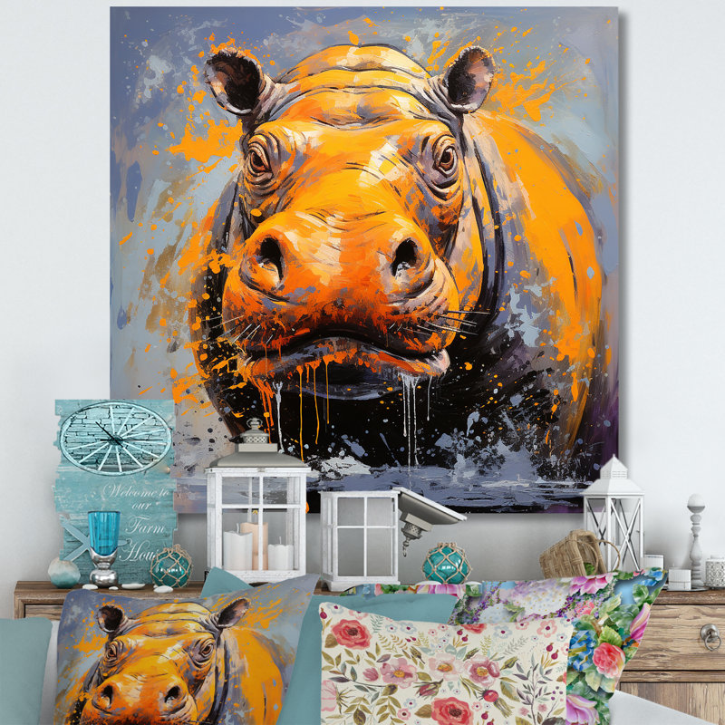 Art mural jaune hippopotame jaune - Hippopotame, Toile tendue, H 16 po x l 16 po