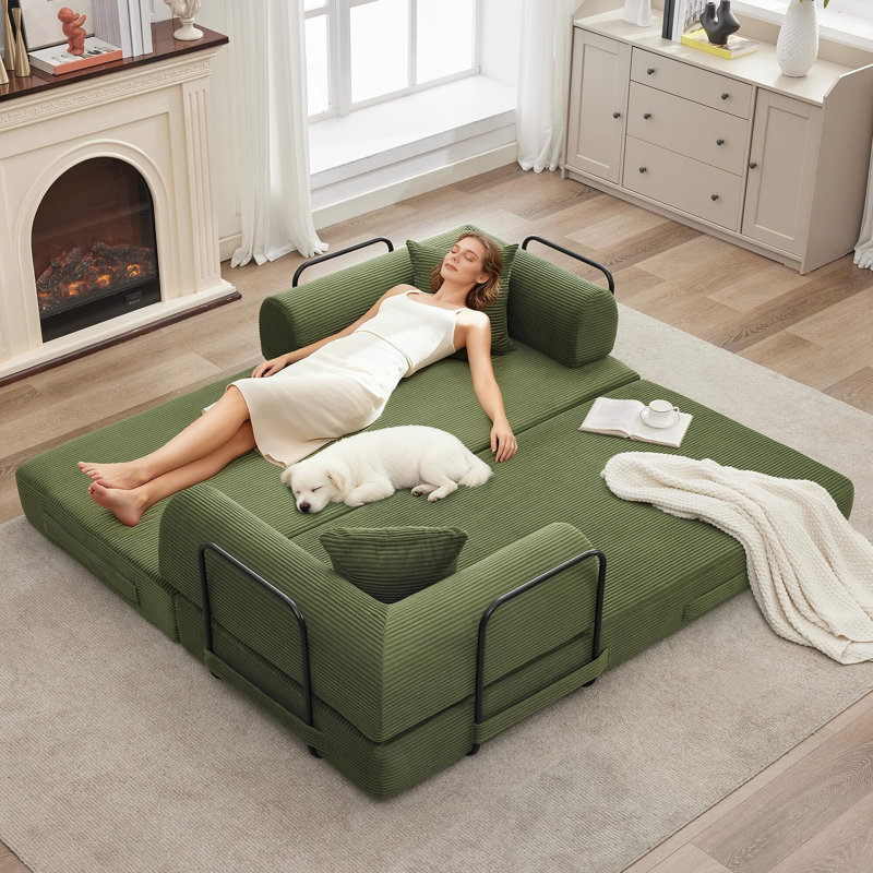 4-in-1 Convertible Corduroy Sofa Bed, Folding Futon Couch with Pillows, King Size Floor Sleeper, Green