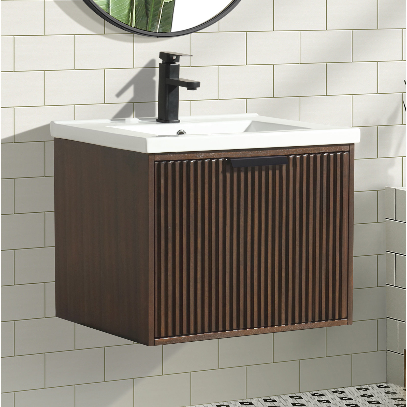  24" Wall-Mounted Single Bathroom Vanity Set, Walnut, Matte Black