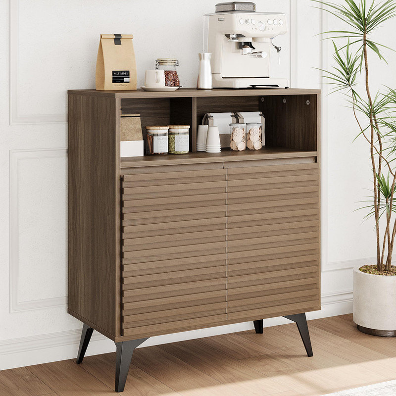 Fluted Storage Cabinet, Sideboard Buffet Cabinet with Storage & Adjustable Shelves for Living Room, Kitchen, Entryway, Brown