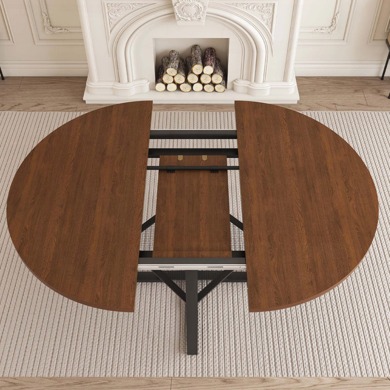47-Inch Extendable Round Dining Table with Storage - Walnut, Metal Frame, Seats 4-8