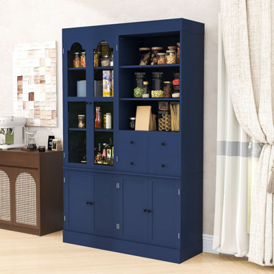 Freestanding Pantry Cabinet with Hutch, Adjustable Shelves, 6 Doors, 4 Drawers and Pull-Out Trays