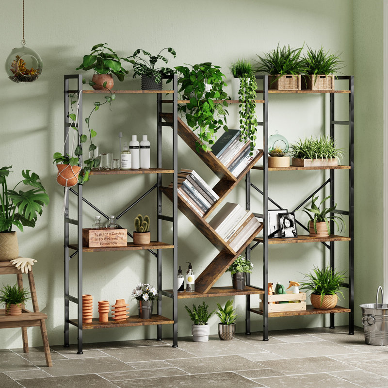 Bibliothèque industrielle à 4 niveaux, grande bibliothèque ouverte avec étagères à livres, tablette rustique en bois robuste pour le bureau de la chambre à coucher
