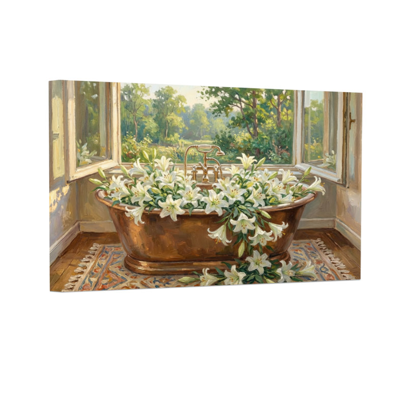 Baignoire, fleurs, fenêtre, jardin, lumière, scène paisible, nature, Toile tendue, Ne s’applique pas, H 24 po x l 36 po