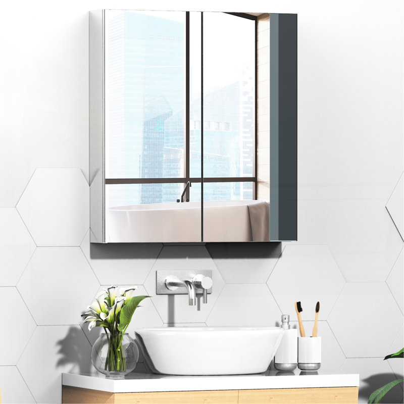 Armoire à pharmacie avec cadre en acier inoxydable 24 po x 26 po pour salle de bain, organisateur de rangement mural avec portes doubles, argent