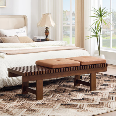 Okoboji 59.5" Mid-Century Solid Wood Slatted Bench with 2 Removable Leather Cushions