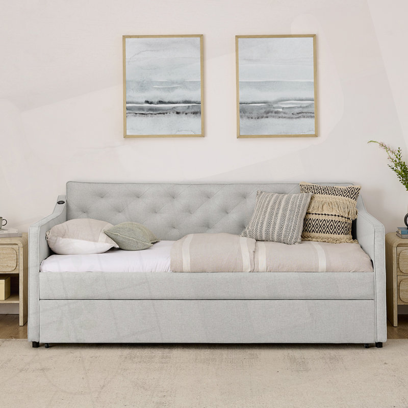 Mid-Century Button Tufted Daybed with Pull-Out Trundle, Twin, Beige