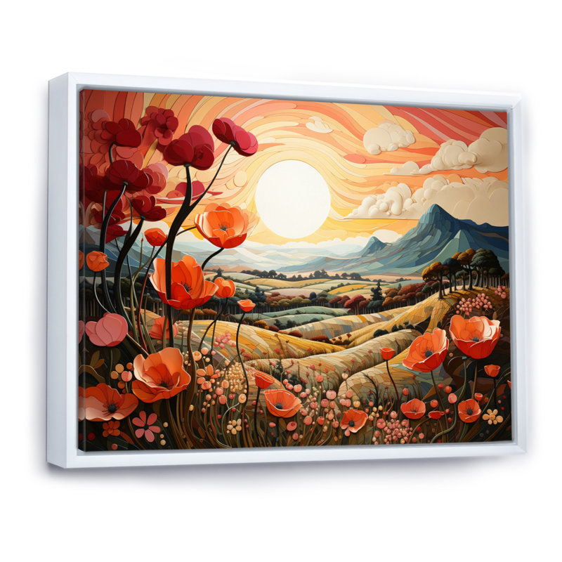 «Countryside Red Poppy Field VI», reproduction d'art sur toile, Cadre flottant blanc, H 16 po x l 32 po x P 1 po
