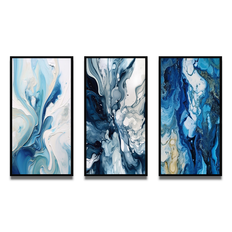 «Blue and Gray Ethereal Elixir V», 3 pièces sur toile, Cadre flottant noir, H 32 po x l 48 po