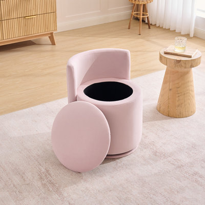 Fauteuil pivotant en velours, chaise de coiffeuse rose en forme de tonneau avec dossier incurvé et rangement dissimulé pour le salon