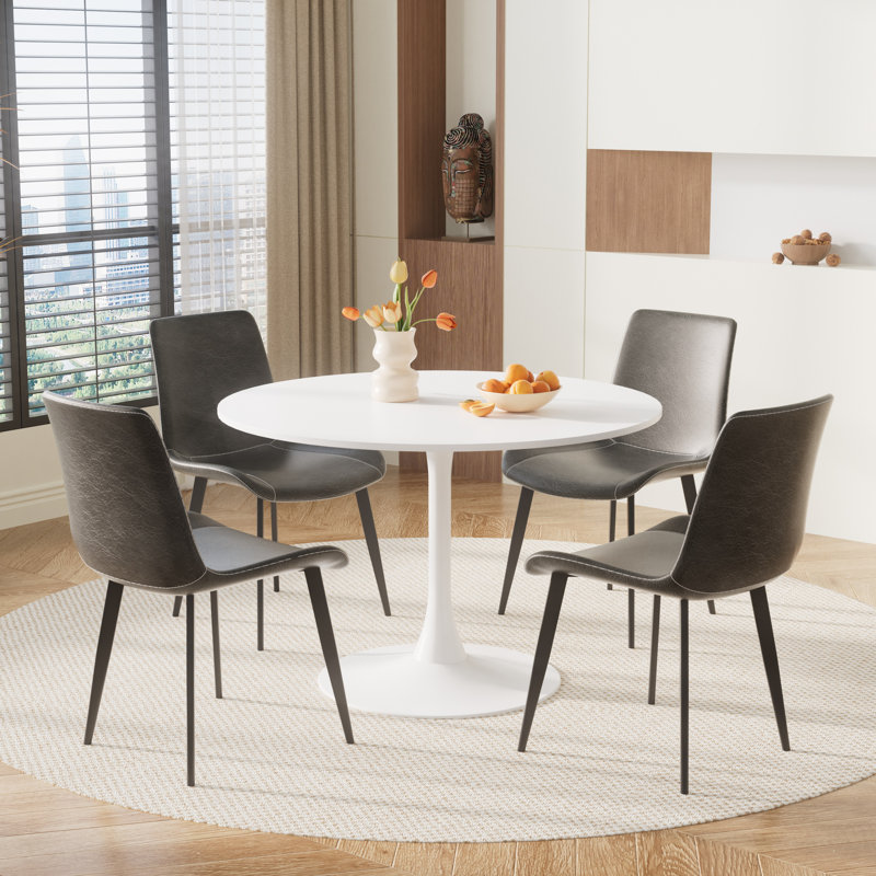 Petit ensemble de salle à manger à piédestal rond, 5 pièces: table, 4 chaises, Gris, Blanc