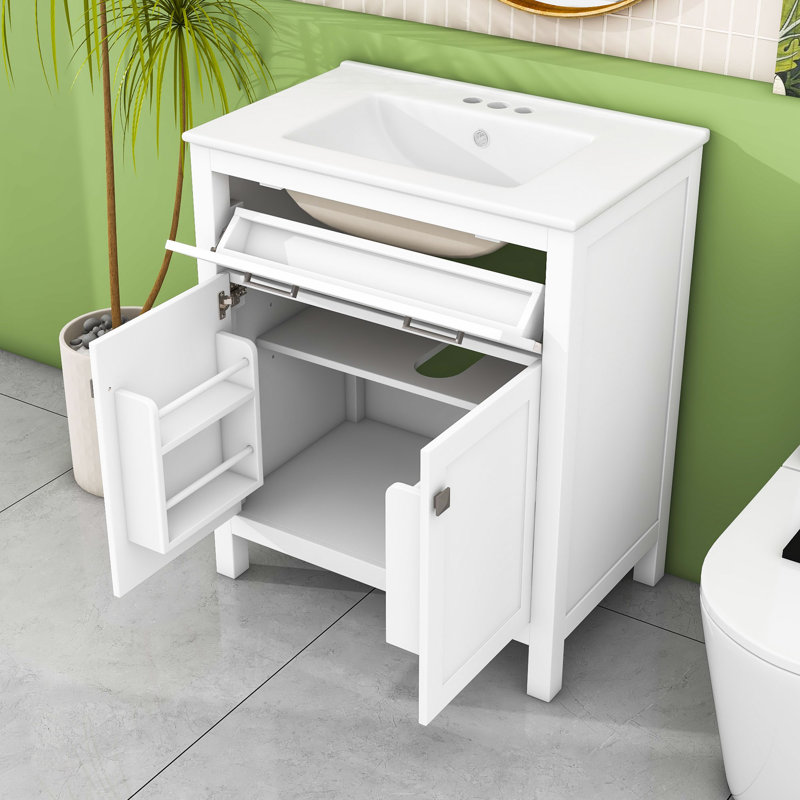 Ensemble de meuble-lavabo simple avec rangement, portes à fermeture en douceur et lavabo en céramique Devises, Blanc