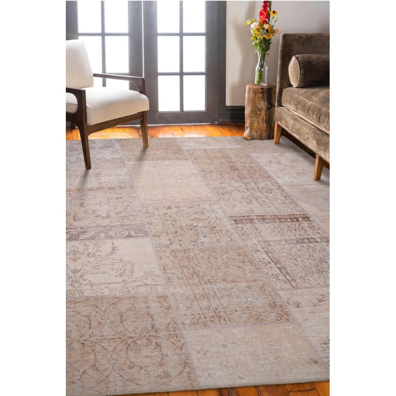 Beige Patchwork Woven Base Decorative Carpet, Rectangle 3'10" x 5'3"