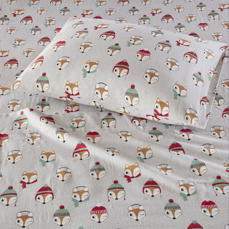 Full Gray Cotton Flannel Penguin Print Sheet Set