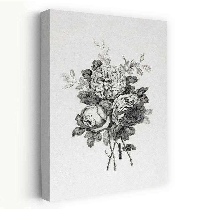 Gravure florale I - fleurs rétro, art rétro noir et blanc, H 32 po x l 48 po