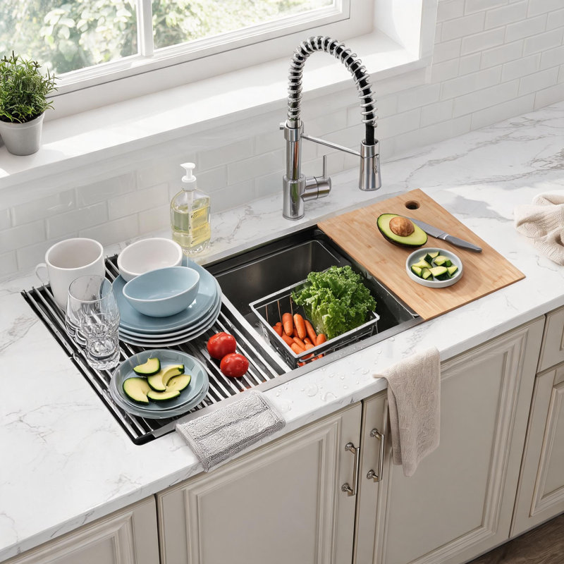 Évier de cuisine encastré à une cuve en acier inoxydable gris foncé de 91 cm (36 po) avec planche à découper, passoire et grille.