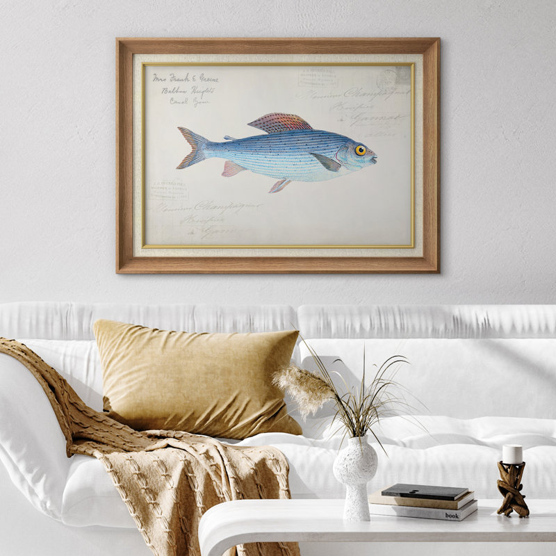 Poissons bleus rétro avec écriture française, images de salle de bain, impression sur toile encadrée sur toile.