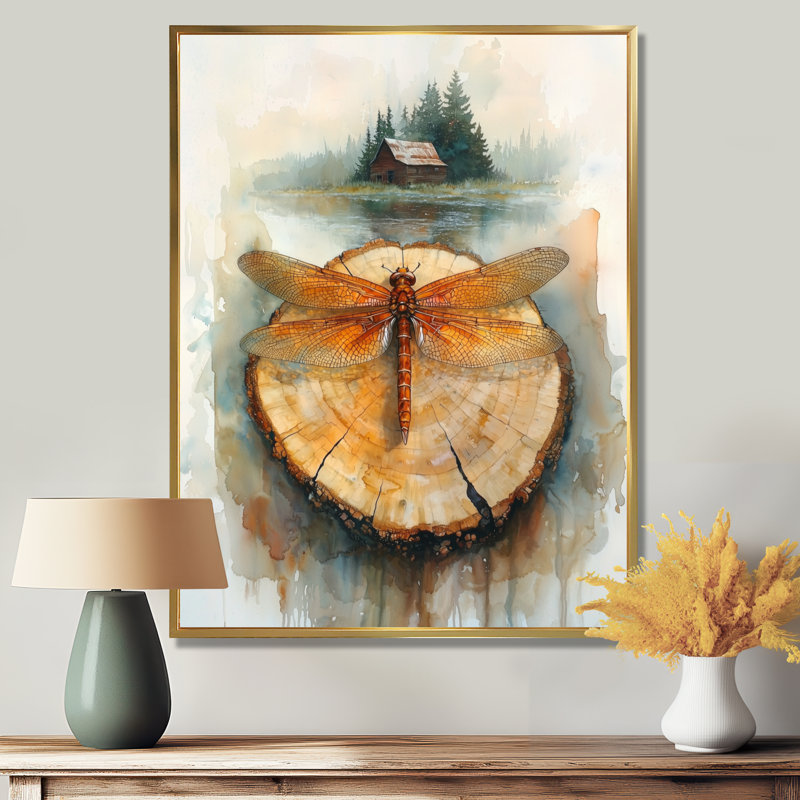 «Sandwell Dragonfly Lake At The Barn On Slide» - Art mural libellule, H 32 po x l 16 po, Impression encadrée flottante, Doré
