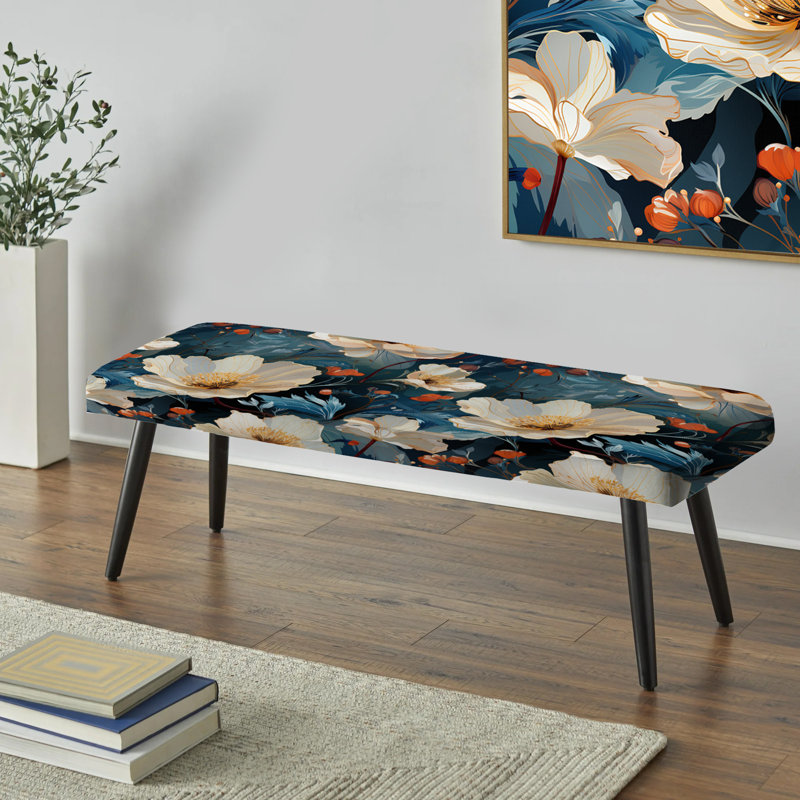 Élégant motif floral bleu - Banc rembourré floral noir