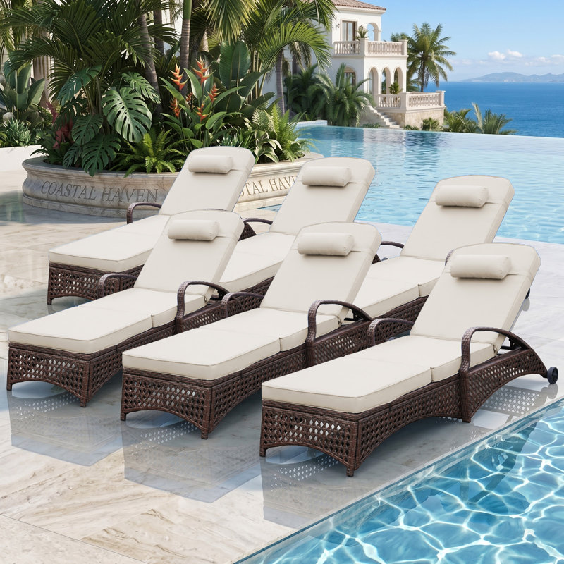 Set of 6 Outdoor Wicker Chaise Lounge Chairs with 6 Adjustable Reclining Position,Wheels,Thickened Cushion & Pillow, Beige
