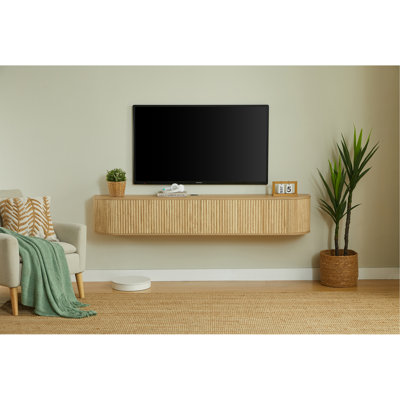 Meuble télé mural 71 po avec portes cannelées, console multimédia de grande capacité avec trous de gestion des câbles pour la chambre à coucher du salon, compatible avec divers styles de maison, Naturaal