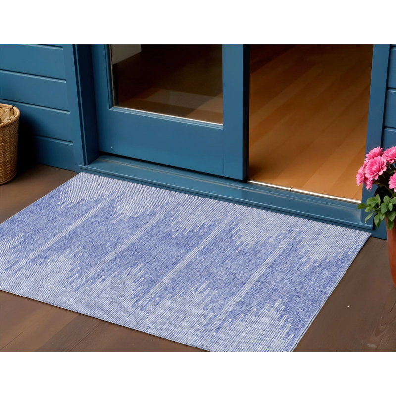 3' X 5' Denim Blue And Ivory Abstract Washable Indoor Outdoor Area Rug