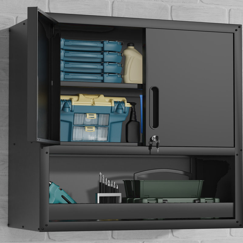 Armoire de rangement murale en métal de 29,5 po de largeur avec serrure et tablette ouverte, coffre à outils flottant robuste avec tablette réglable pour garage, atelier et atelier de réparation automobile, noir
