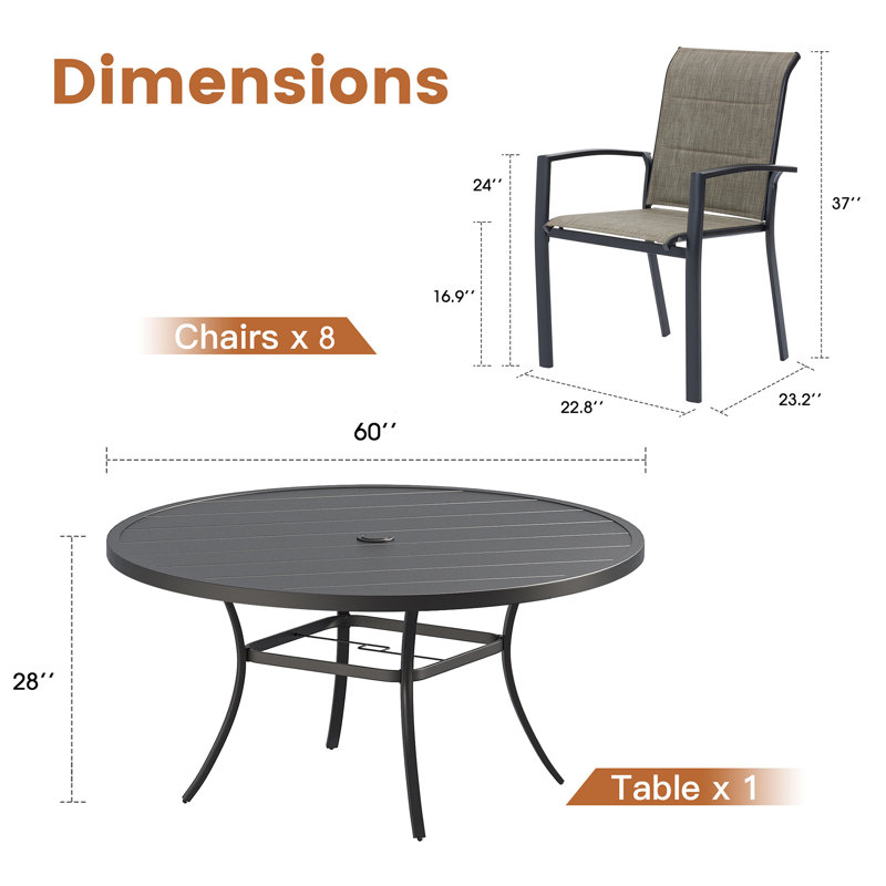 Ensemble de salle à manger 60 "avec très grande table ronde et 8 chaises rembourrées en textilène, Noir / noir / brun