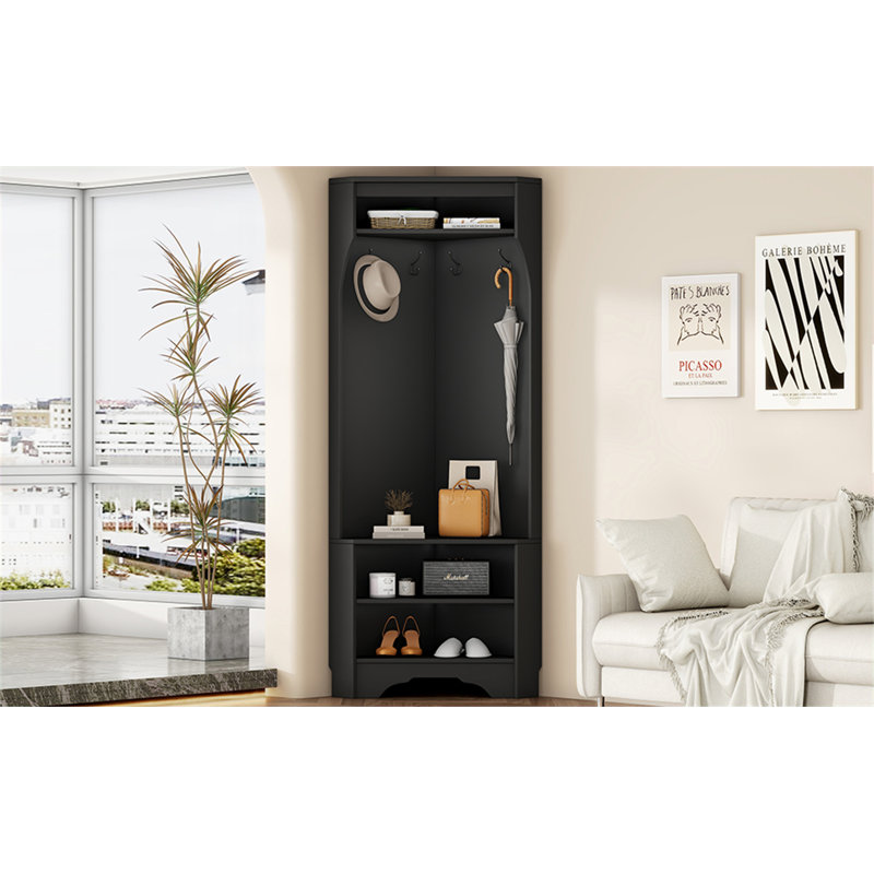 ON-TREND Minimalist Corner Hall Tree With Shoe Bench, Black