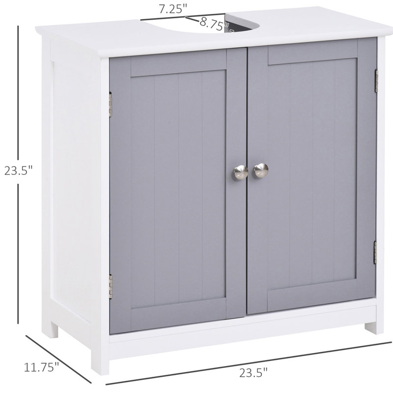 Armoire de salle de bain sous l'évier, avec creux en forme de U. Blanc et gris. Augmente le rangement. Tablette réglable. Fabrication robuste. H 23,5 po x P 11,57 po.