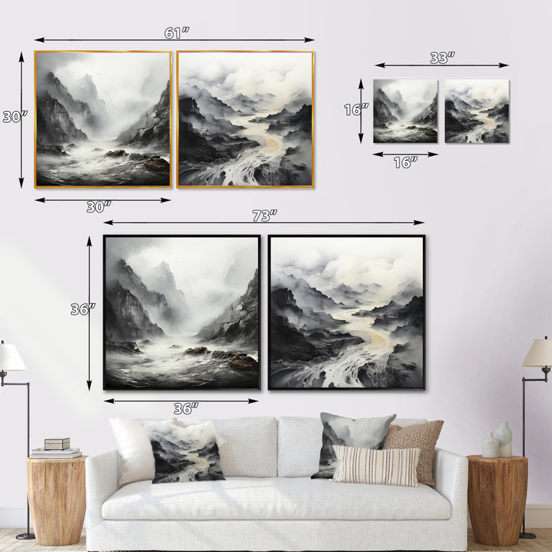 Mystic Mountain River - ensemble de 2 collages carrés, Cadre flottant noir, H 16 po x l 33 po