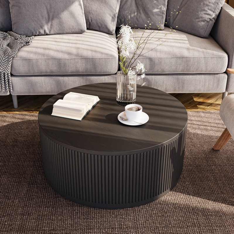 36.5"W Round Solid Wood Spacious Coffee Table Drum Table with Fluted Design, Black