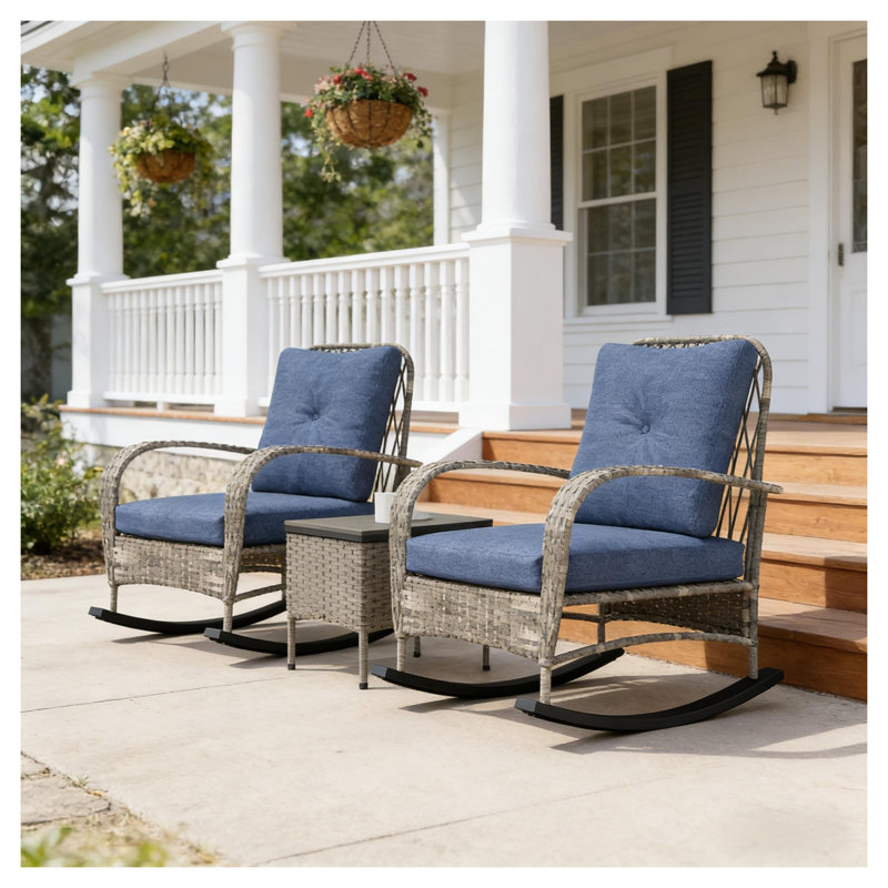 Ensemble de mobilier de patio 3 pièces en osier avec table carrée et deux chaises, ensemble bistro extérieur gris ou bleu clair