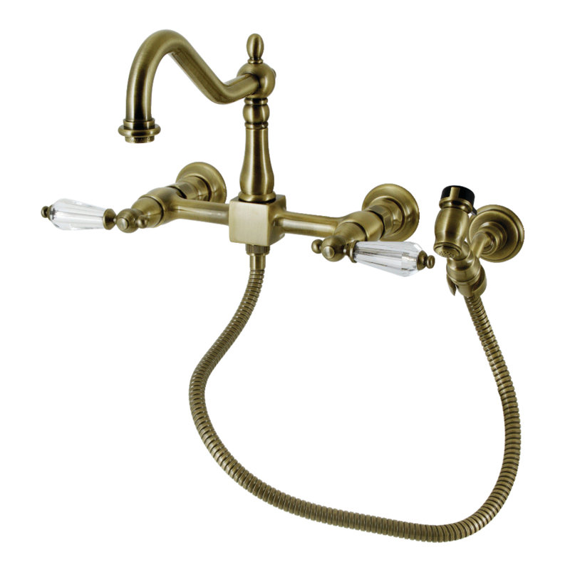 Kingston Brass Wilshire Double-Handle 3-Hole Wall-Mount Bridge Kitchen Faucet with Brass Sprayer, Antique Brass