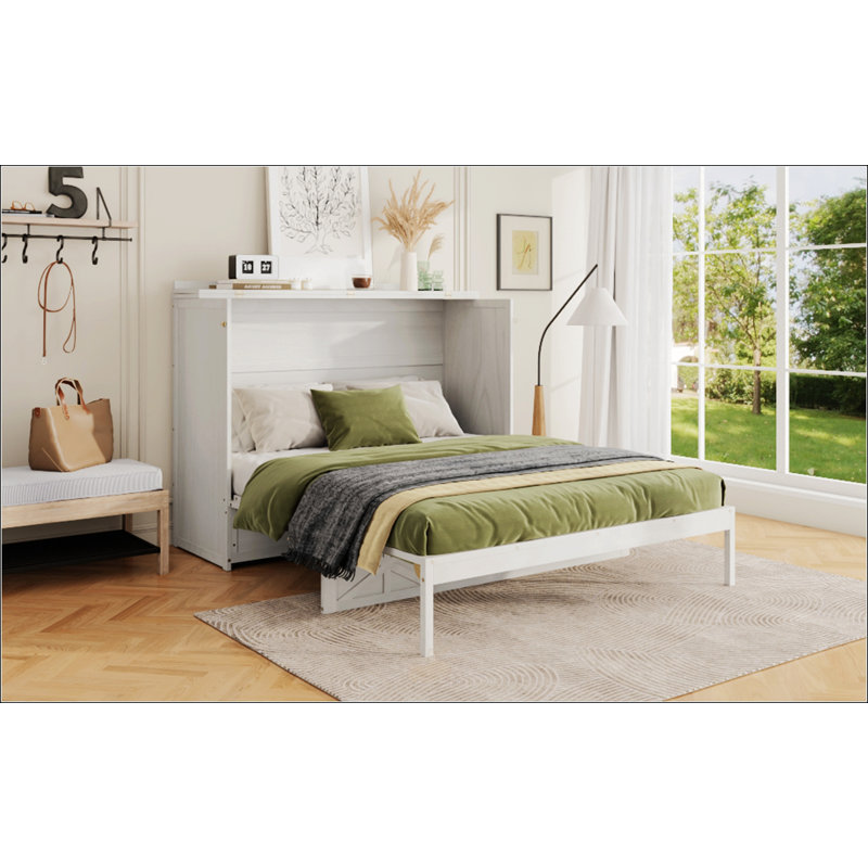 Grand lit escamotable avec grands tiroirs et port USB, Blanc