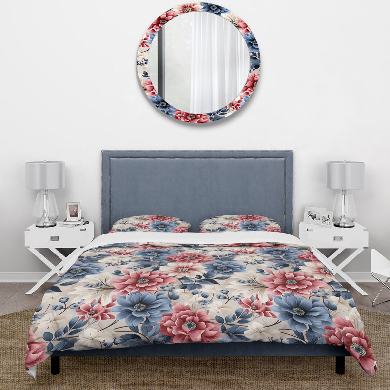 Ensemble de housse de couette rose et bleu à motif de fleurs de ferme, Housse de couette pour grand lit et 2 taies décor