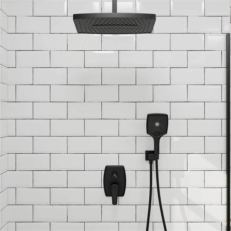 Shower Systems with 14"Rain Shower and High Pressure Handheld Spray, Celling Mount, Rough in-Valve, Matte Black