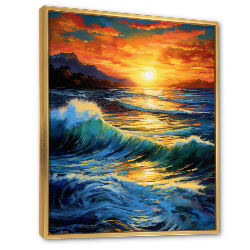 Lumineux coucher de soleil de vagues se brisant sur le rivage II, H 40 po x l 30 po x P 1,5 po, Cadre flottant doré
