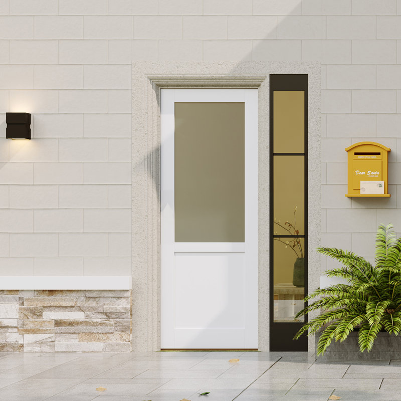 Dalle de porte d'entrée avec cadre insonorisant - Panneau de verre givré, bois massif apprêté blanc, Gauche