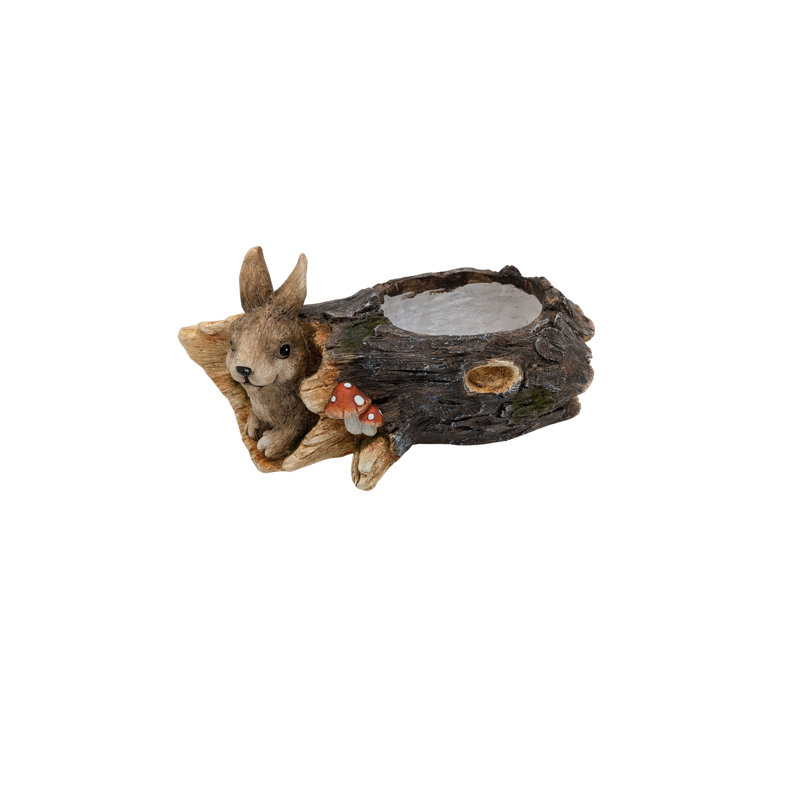 Faux Wood Bunny In Log Planter