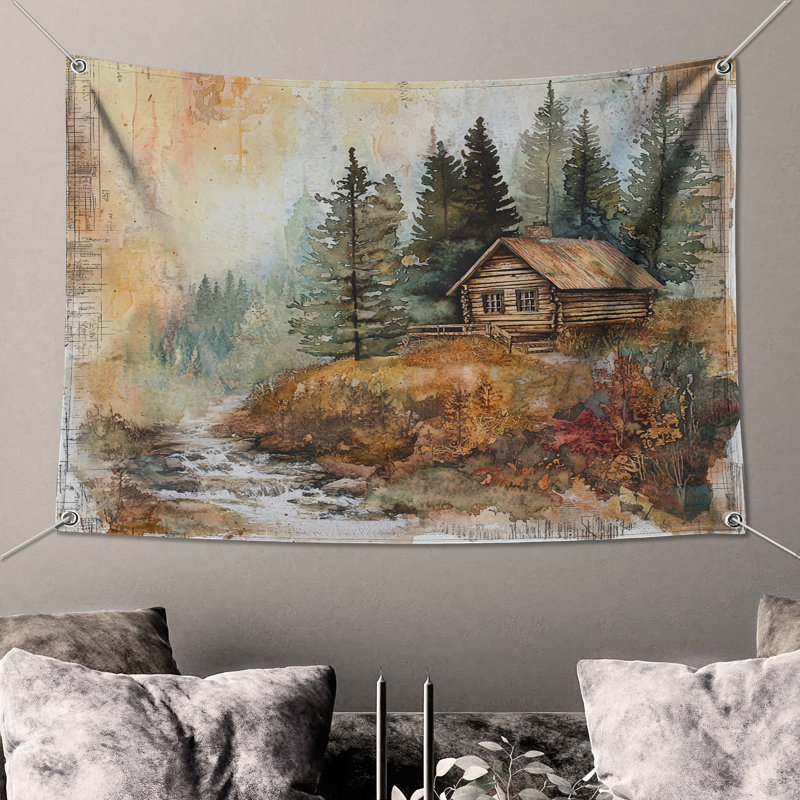 Rustic Cabin Forest Wall Tapestry - Cabin Wall Decor, 68in H x80in W with 4 Grommets
