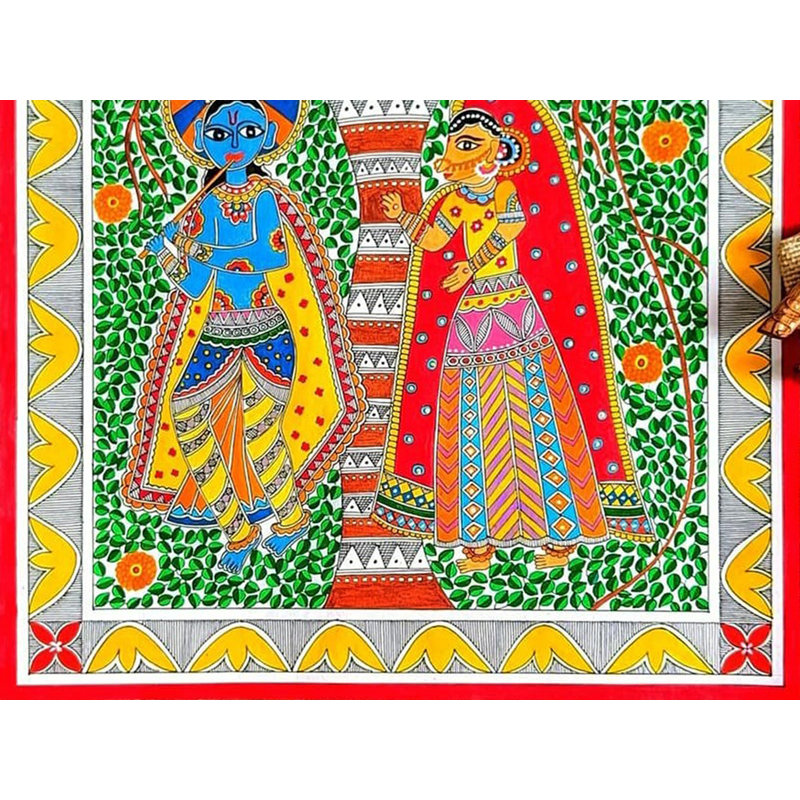 Radha debout et Krishna debout sous l'arbre | Peinture sur papier | Par Anshu Tripathi