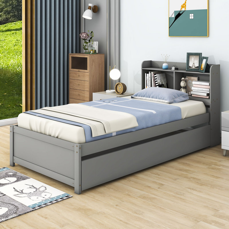 Lit plateforme en bois avec lit gigogne simple et rangement Kiefus, gris