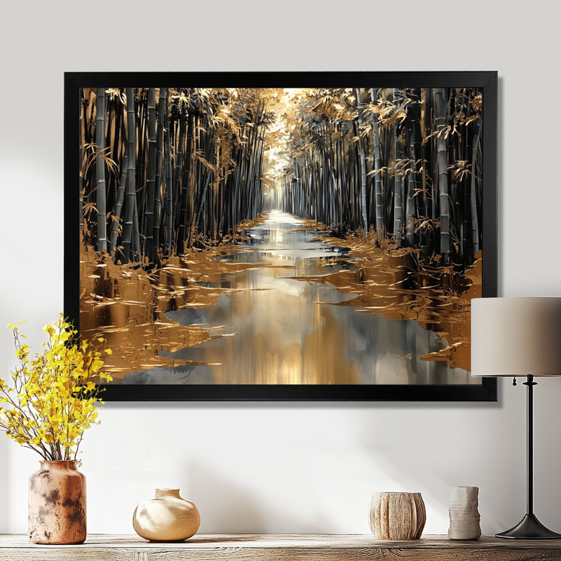 «Golden Arashiyama Bamboo River II», décoration murale en bambou, H 30 po x l 40 po, Impression d'un seul cadre photo, Noir