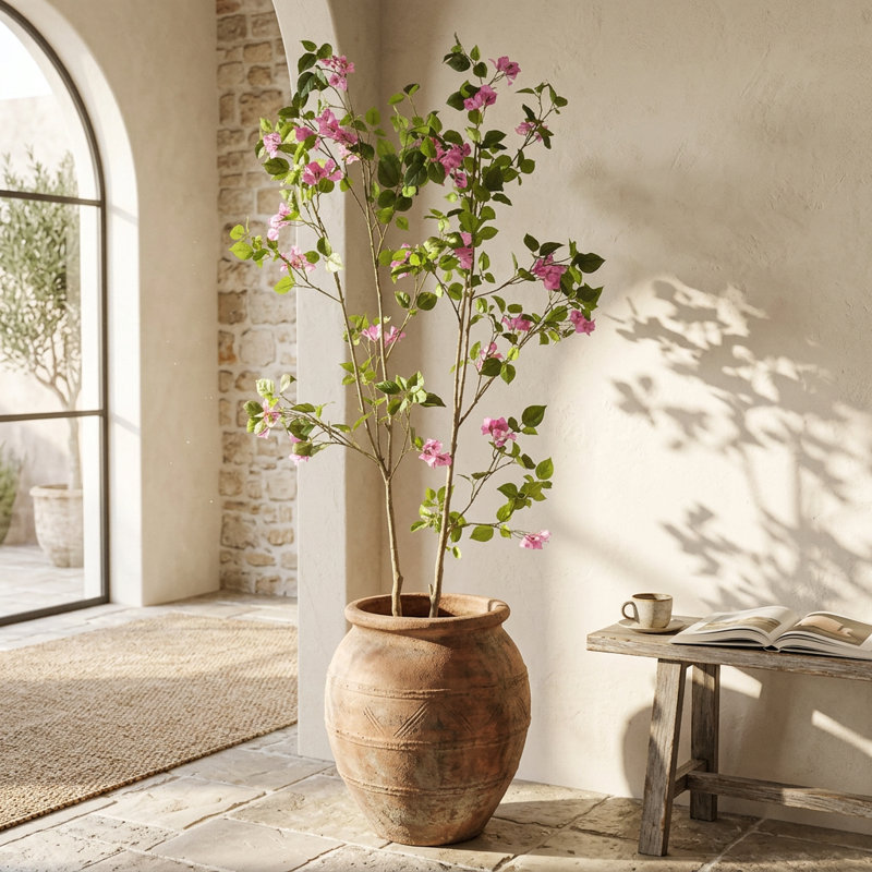 5 pi Bougainvillée artificiel avec fleurs roses, plante à fleurs artificielles avec pot noir, 60 po x 30 po